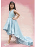 Beaded Blue Satin Cross Back High Low Flower Girl Dress